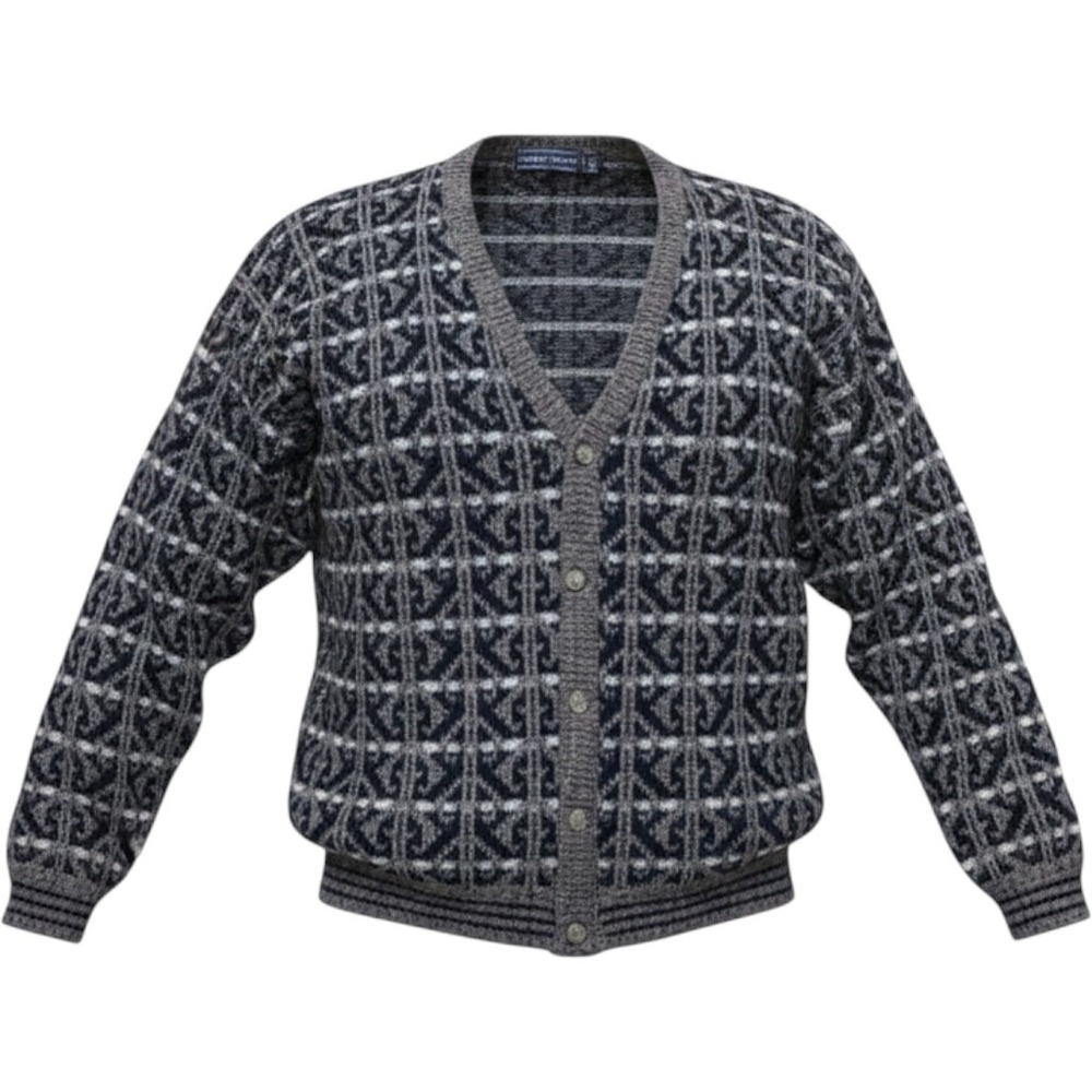 David Taylor Cardigan 90s Geometric Knit Made in USA Mens XLT Brown Navy